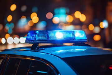 Close-up of blue police lights on top of a car at night with a blurred background.