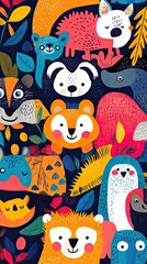 Naklejka premium Colorful Animals Amongst Vibrant Tropical Leaves