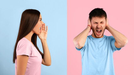 Conflict, Quarrel, Family Relationship Problems. Angry lady screaming at man, mad guy grabbing his...