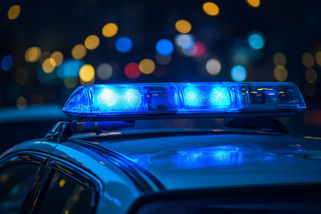 Close-up of blue police lights on top of a car at night with a blurred background.