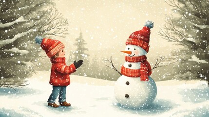 Vintage card with two children building snowman in snowy landscape. Winter holiday scene. Retro postcard design. Christmas celebration concept.