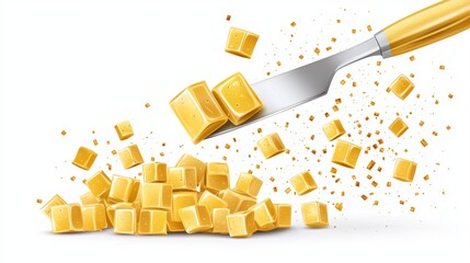 Butter knife slicing through butter, shiny cutlery tool, smooth creamy spread