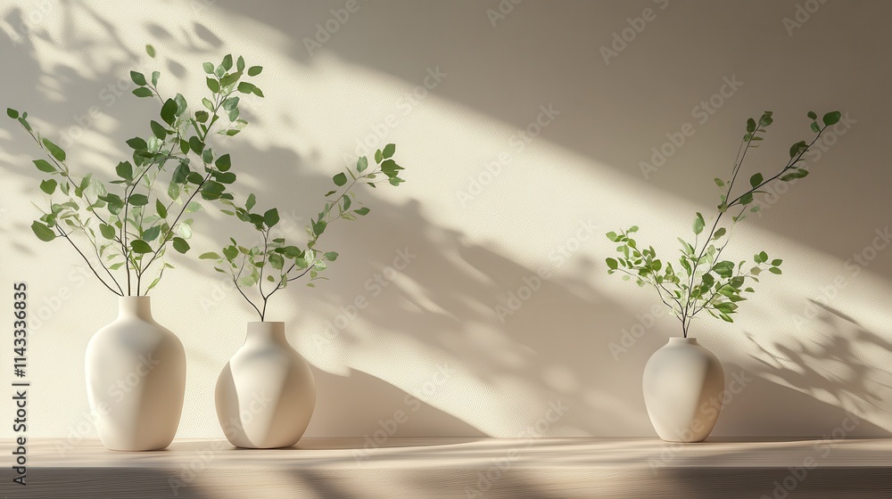 Poster three minimalist vases with greenery displayed on a shelf in soft afternoon light
