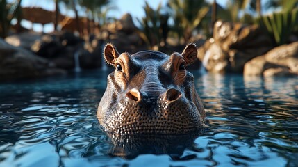 Fototapeta premium Calm hippo at pond's edge, close-up view, textured skin glistening in sunlight, zoo habitat with rocks and plants, warm summer day atmosphere