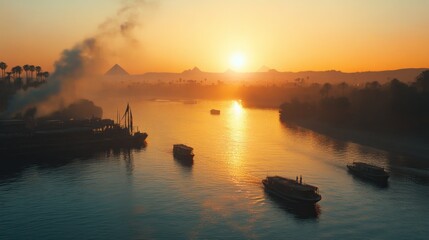 A serene sunset over a river with boats and pyramids in the background.