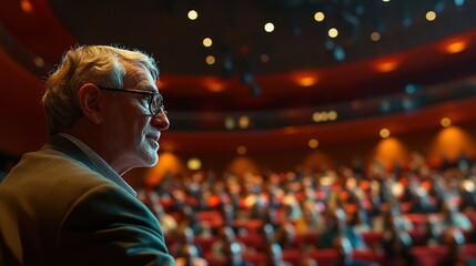 Fototapeta premium Senior politician giving speech at conference in auditorium with large audience