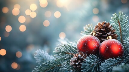 Obraz premium Christmas background with red baubles, pine cones and bokeh. Beautiful christmas card.