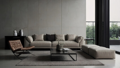 Modern living room with beige sectional sofa, brown leather armchair, coffee table, and ottoman. Neutral color palette with gray walls and large windows offering a view of greenery.