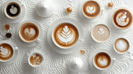Artful coffee creations display elaborate latte designs that emphasize exceptional craftsmanship and imagination on a pristine white backdrop.