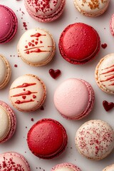 Obraz premium Valentine’s macarons: Vibrant macarons in shades of red and pink, arranged with love-themed decor on a clean white surface.