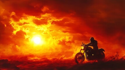 Fototapeta premium Fiery Sunset Silhouette Of A Motorcyclist Riding A Motorcycle