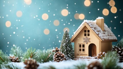 chrismas festive celebrate greeting backgroun of joyful house with snow flake and pine tree xmas theme decoration joyful and happiness ambient moment template design,ai generate