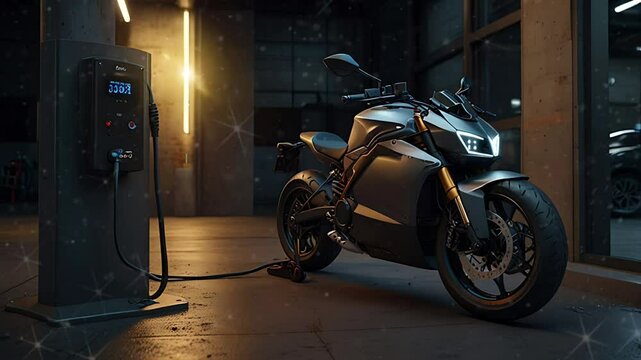 A electric sports bike charging. Seamless 4K looping timelapse video animation background