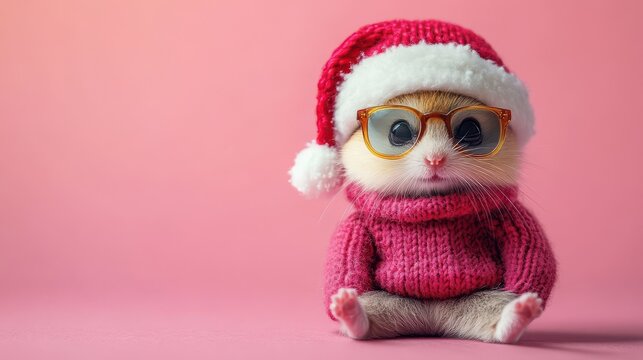 Frohe Weihnachten Urlaub Winter Grußkarte mit deutschem Text - Cooles lustiges Eichhörnchen mit Weihnachtsmannmütze und Sonnenbrille, isoliert auf pinkem Hintergrund