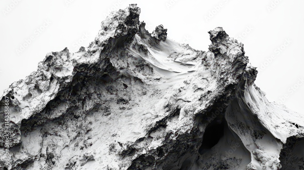 Poster volcanic ash particles elegantly display their intricate textures and unique forms against a stark w