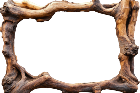 rustic wooden frame made from branches isolated on a transparent background