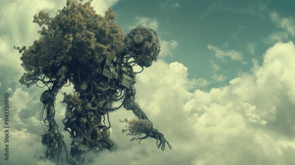 Poster a massive humanoid robot with trees growing from its structure, walking through a surreal landscape 