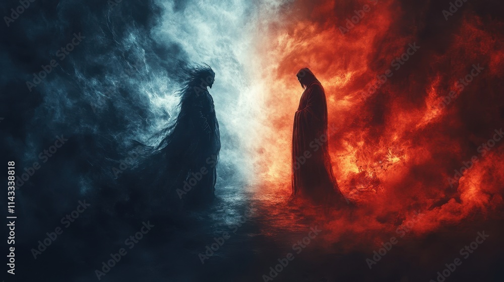 Poster dark confrontation between good and evil in mysterious setting