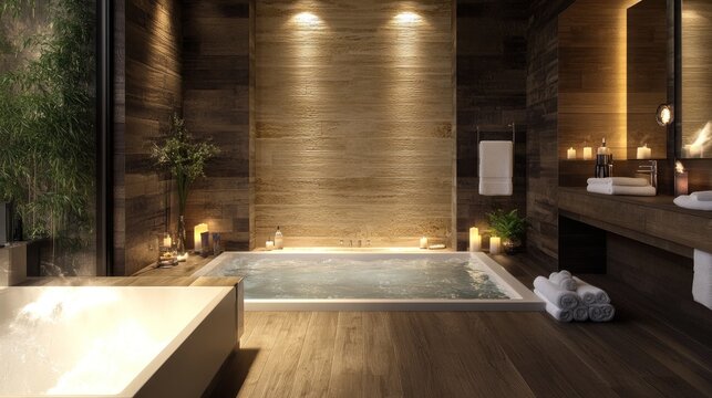 Modern Luxurious Bathroom with Jacuzzi and Wooden Accents
