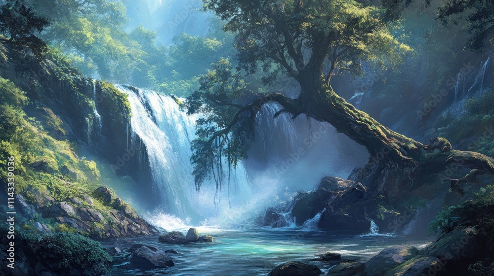 Poster a serene waterfall cascades through a lush forest, creating a tranquil natural scene.