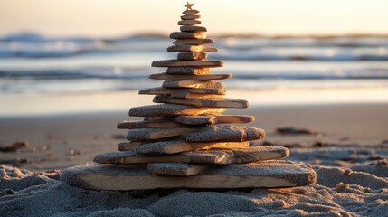 Obraz premium Timber Christmas tree in sand on the beach