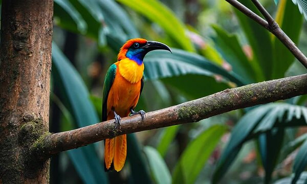 Vibrant Orange-and-Blue Montezuma Oropendola Perched on a Branch
