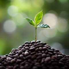 Obraz premium Green plant sprout growing from a pile of Coffee beans