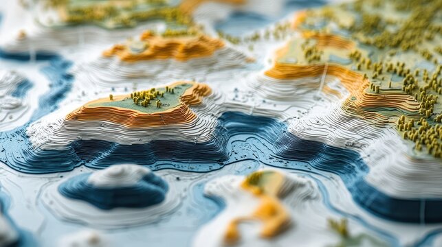 Topographic map of a floodplain on white, highlighting river elevations, water flow patterns, and vegetation zones.