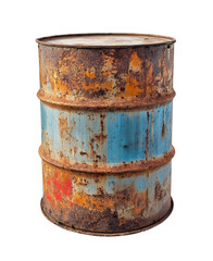 Obraz premium a rusty. metal barrel with blue and red paint. isolated on a transparent background
