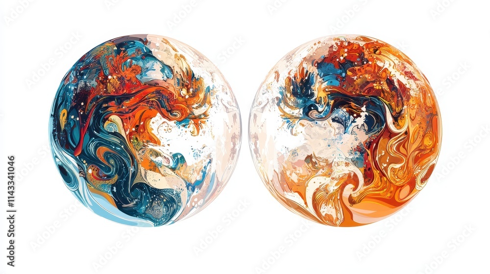 Poster hemispherical vector illustration featuring two interconnecting halves with intricate designs, set a