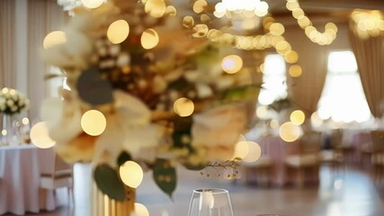 Defocused glamour and opulence radiating from every corner of a wedding reception hall.