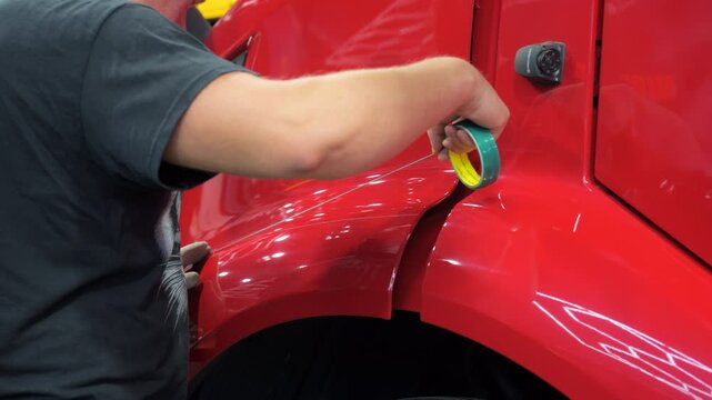 Preparing the surface with a tape for applying a PPF film to a car. Close up footage . 
