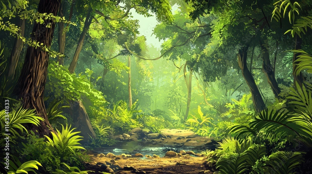 Poster lush green forest scene with sunlight filtering through trees and gentle stream in the background