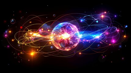 Obraz premium Vibrant energy sphere with swirling light trails and stars.