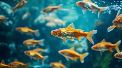 School of Goldfish in Aquarium. Concept of aquatic life, peaceful, and vibrant.