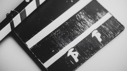 Obraz premium Isolated on a white background, this classic black and white film clapperboard highlights essential production details.