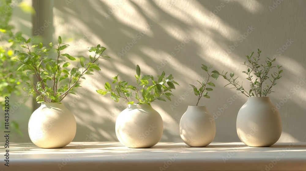 Poster three minimalist vases with greenery displayed on a shelf in soft afternoon light