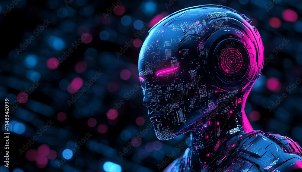 Poster futuristic robot head with glowing features and digital patterns