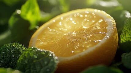 Close-Up of Lemon Slice with Dew Drops on Fresh Green Leaves