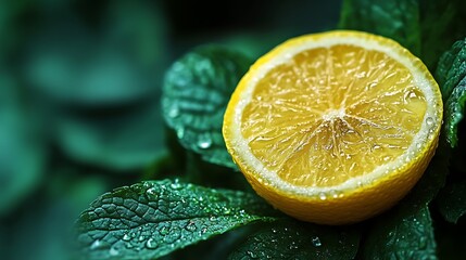 Close-Up Detailed Shot of Lemon Slice with Dew Drop on Leaf