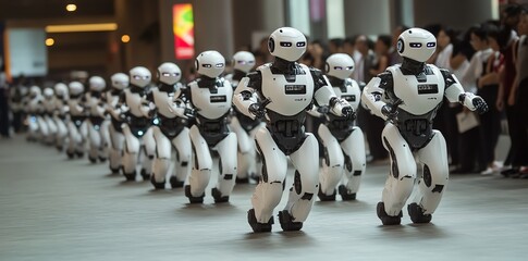 A line of humanoid robots marching in unison, showcasing robotics technology and innovation.