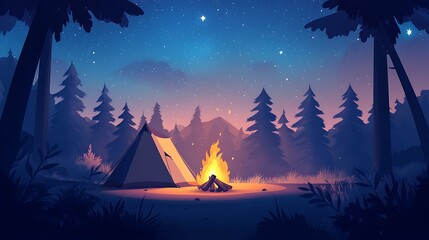 Nighttime Camping Scene in a Forest with a Campfire