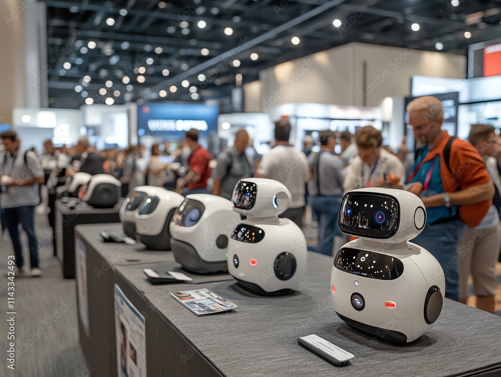 Poster A display of humanoid robots at a tech exhibition showcasing innovation and design.