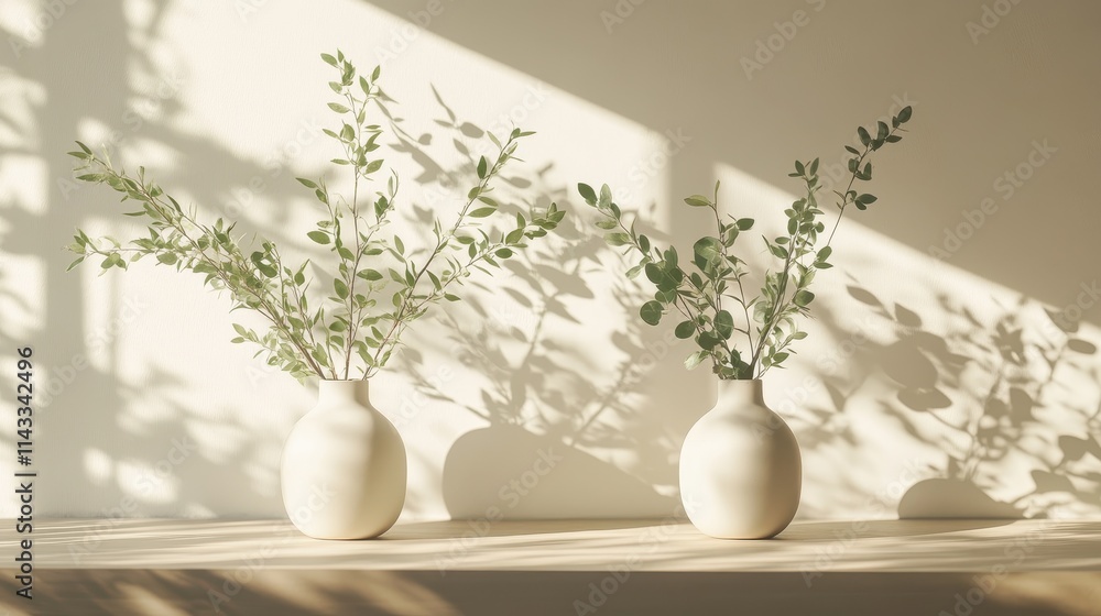 Poster three minimalist vases with greenery displayed on a shelf in soft afternoon light