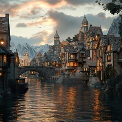 Fototapeta premium Medieval Town by the Canal at Sunset