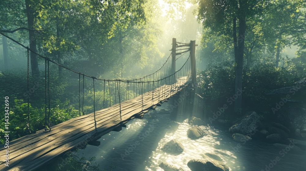 Poster a serene wooden bridge over a stream in a misty forest, inviting exploration and tranquility.