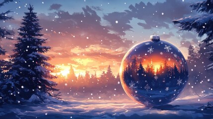 Fototapeta premium Illustration of large chrismas ball with winter landscape.