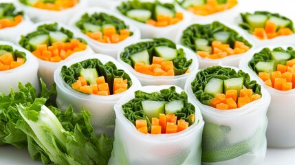 Fresh spring rolls packed with colorful vegetables, clean white backdrop, neatly displayed, emphasizing freshness and health-conscious eating