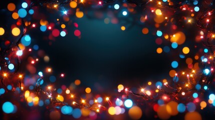 Festive frame with colorful christmas lights on black background