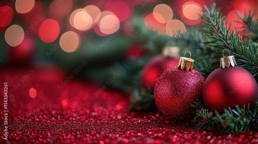 Aufkleber blured chrismas background. red and green glitter shiny bokeh. bright red background with soft round
